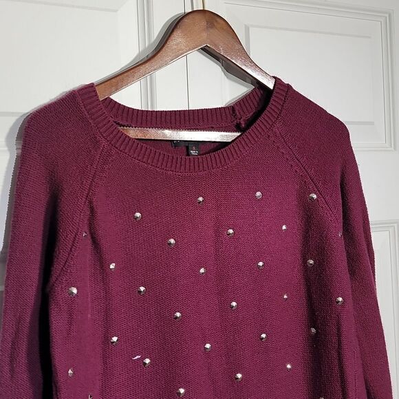Rock & Republic Burgundy Maroon Silver Stud Round Neck Knit Sweater - Picture 2 of 7